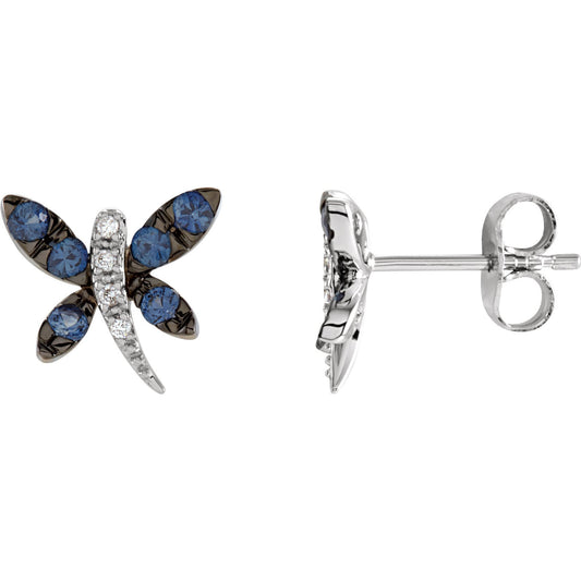 14K White Blue Sapphire & .04 CTW Diamond Dragonfly Earrings