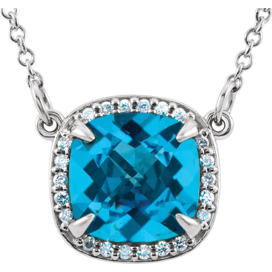 14K White Swiss Blue Topaz & .06 CTW Diamond 16 Necklace