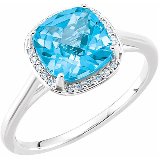 14K White Swiss Blue Topaz & .055 CTW Diamond Halo-Style Ring