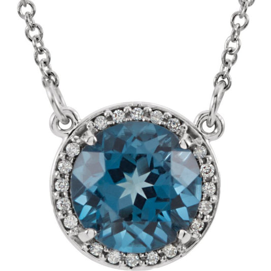 14K White 8 mm Round London Blue Topaz & .05 CTW Diamond 16 Necklace