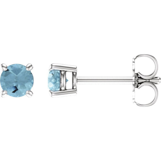 14K White 4 mm Round Aquamarine Earrings