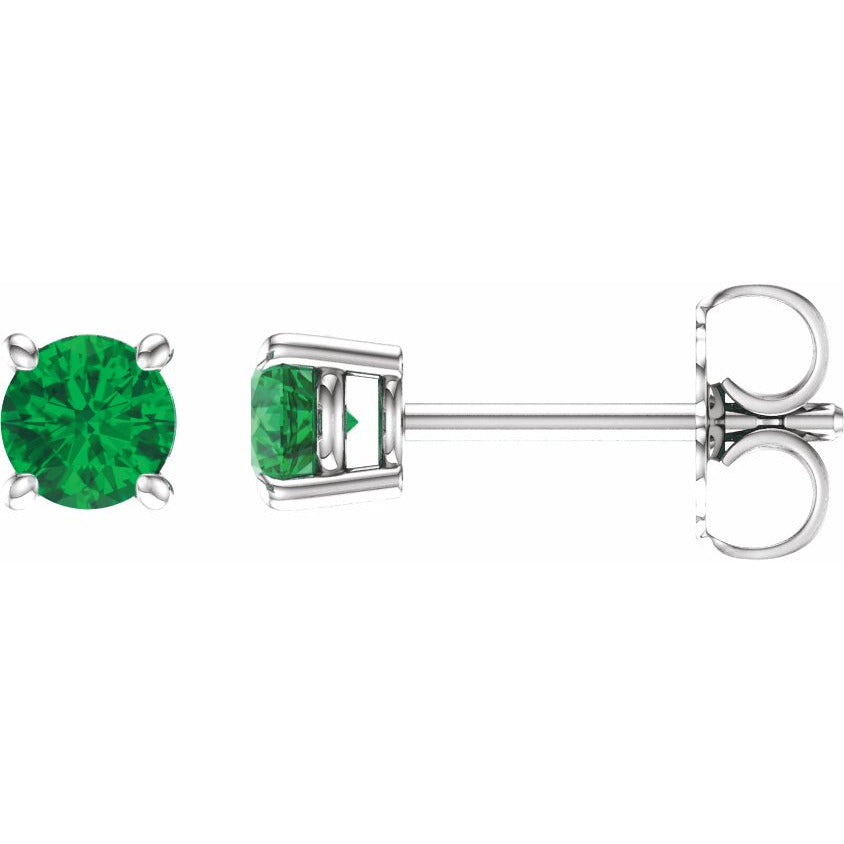 14K White 4 mm Round Emerald Earrings