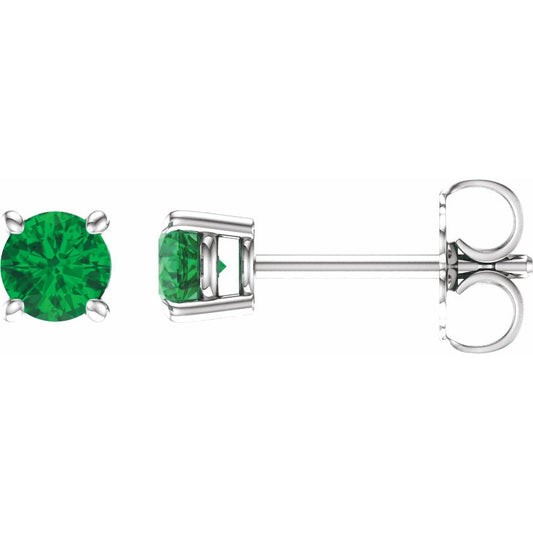 14K White 4 mm Round Emerald Earrings