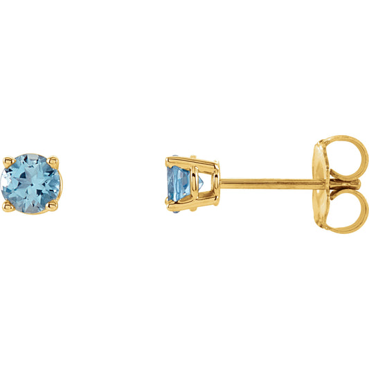 14K Yellow 4 mm Round Aquamarine Earrings