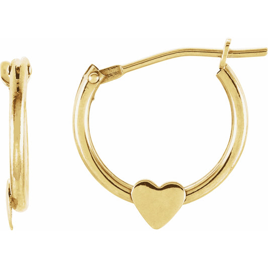 14K Yellow Hinged Hoop Earrings with Heart
