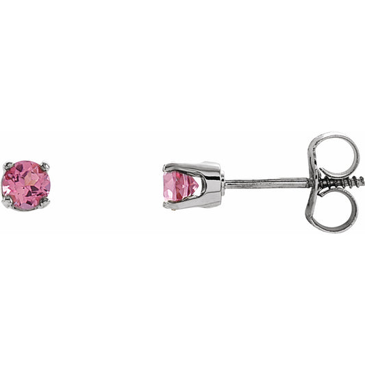 14K White 3 mm Round Pink Tourmaline Youth Birthstone Earrings