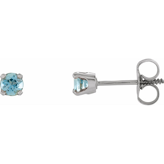 14K White 3 mm Round Aquamarine Youth Birthstone Earrings