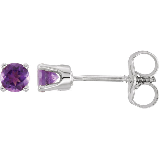 14K White 3 mm Round Amethyst Youth Birthstone Earrings