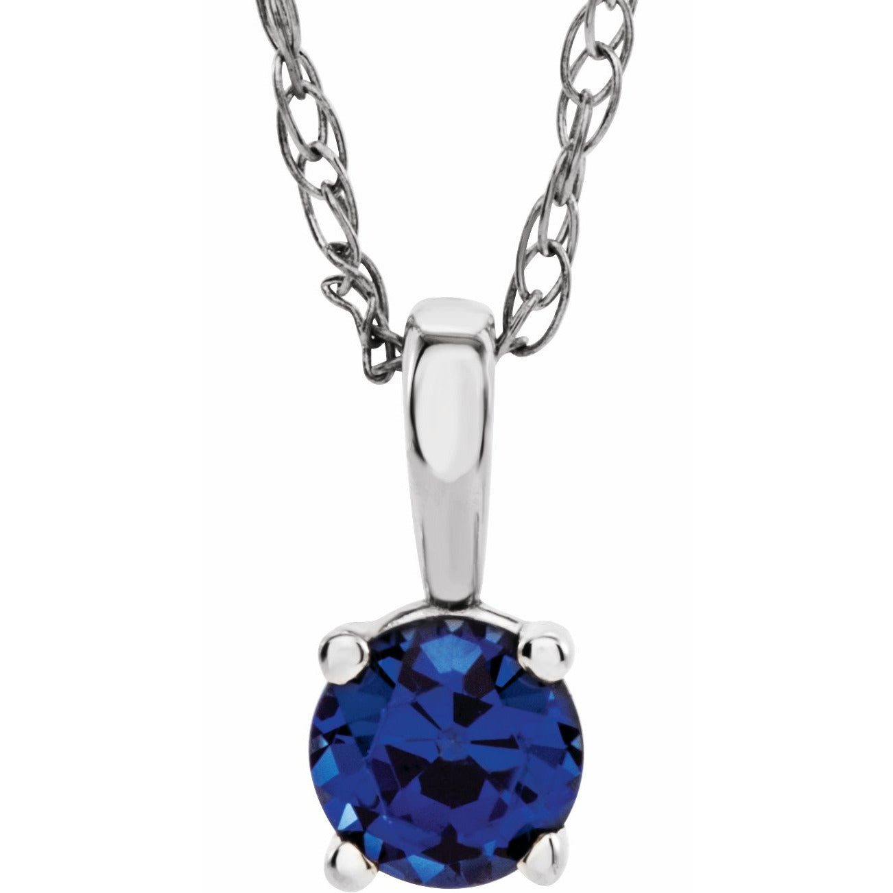 14K White 3 mm Round Blue Sapphire Youth Birthstone 14 Necklace