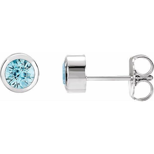 14K White 4 mm Round Genuine Blue Zircon Birthstone Earrings