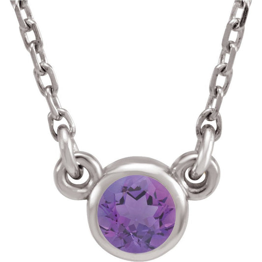 14K White 4 mm Round Amethyst Bezel-Set Solitaire 16 Necklace