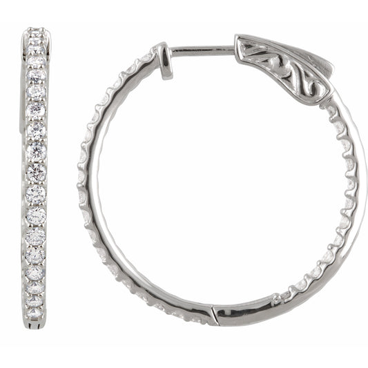 14K White 1 CTW Diamond Inside-Outside 26.5 mm Hoop Earrings