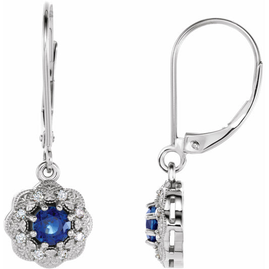 14K White Blue Sapphire & 1/10 CTW Diamond Halo-Style Earrings