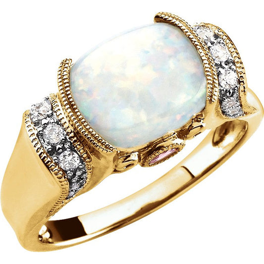 14K Yellow Opal, Pink Tourmaline & 1/6 CTW Diamond Ring