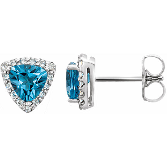 14K White Swiss Blue Topaz & .08 CTW Diamond Earrings
