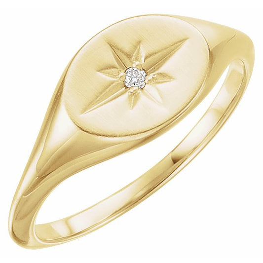 14K Yellow .02 CT Diamond 10x8 mm Oval Starburst Signet Ring