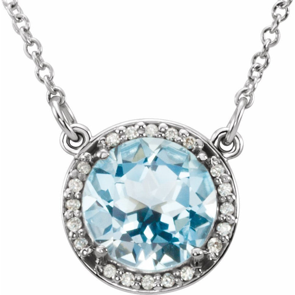 14K White 8 mm Round Sky Blue Topaz & .05 CTW Diamond 16 Necklace