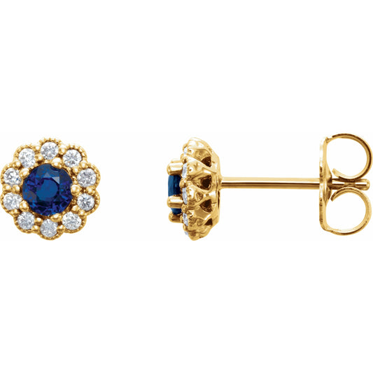 14K Yellow 3.2 mm Round Blue Sapphire & 1/6 CTW Diamond Earrings