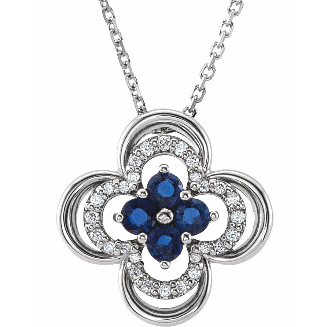 14K White Blue Sapphire & 1/10 CTW Diamond Clover 18 Necklace