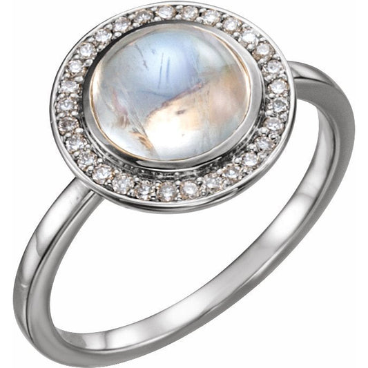 14K White Rainbow Moonstone & 1/8 CTW Diamond Halo-Style Ring