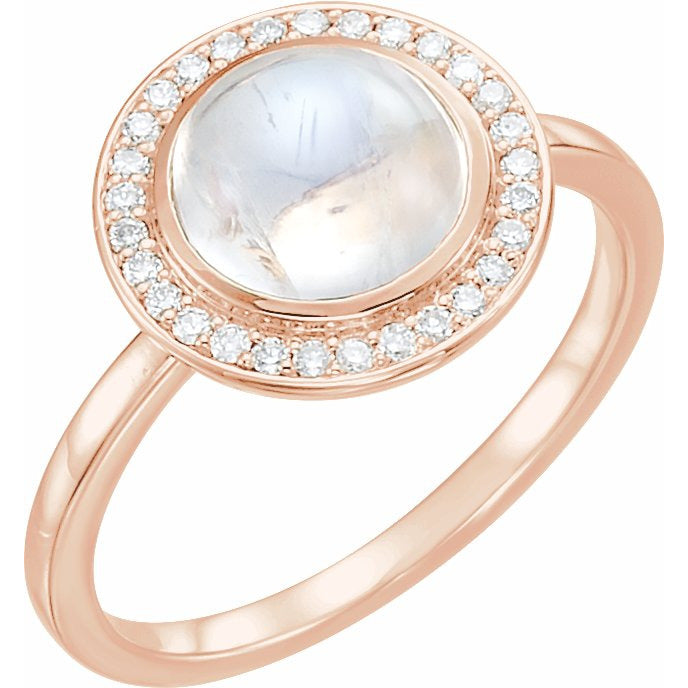 14K Rose Rainbow Moonstone & 1/8 CTW Diamond Halo-Style Ring