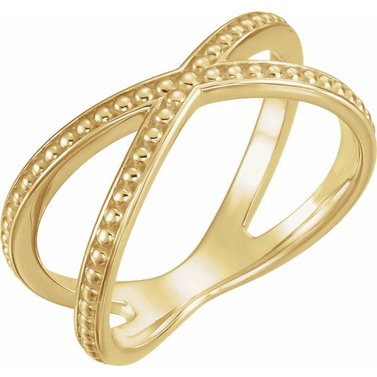 14K Yellow Beaded Criss-Cross Ring