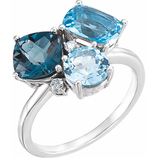 14K White Swiss, London, & Sky Blue Topaz & .05 CTW Diamond Ring