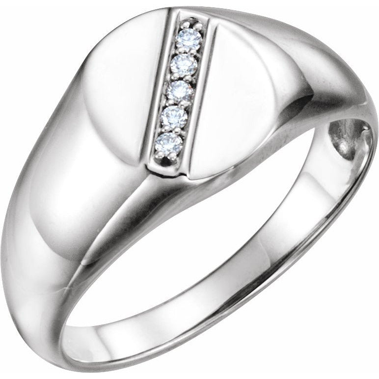 14K White .08 CTW Diamond 11x10 mm Oval Signet Ring