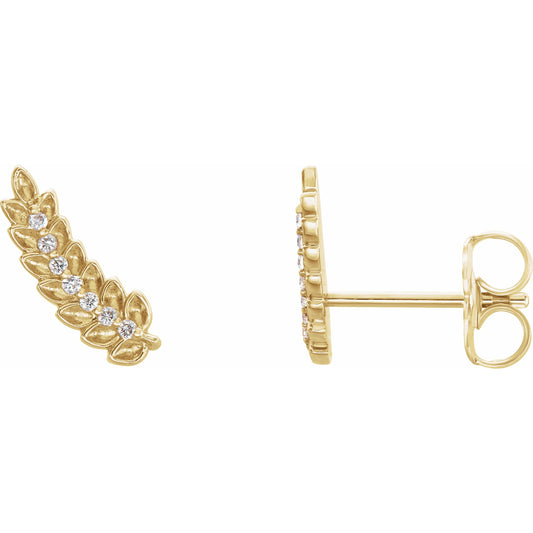 14K Yellow .03 CTW Diamond Leaf Ear Climbers