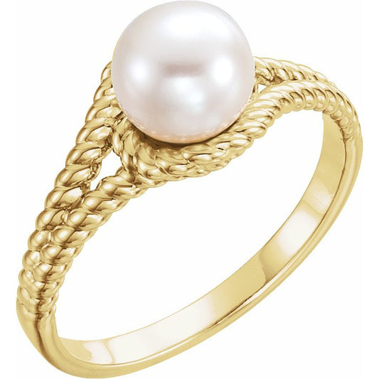14K Yellow 7 mm White Freshwater Pearl Rope Ring