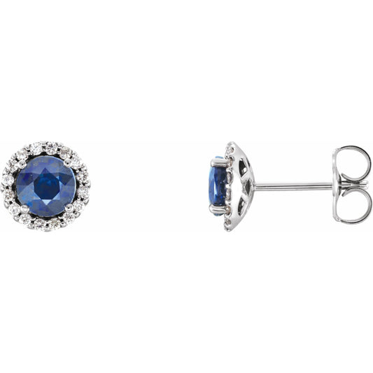 14K White Blue Sapphire & 1/6 CTW Diamond Earrings