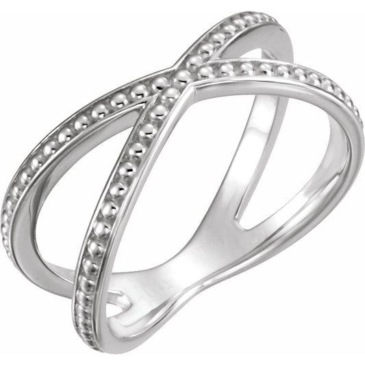 14K White Beaded Criss-Cross Ring