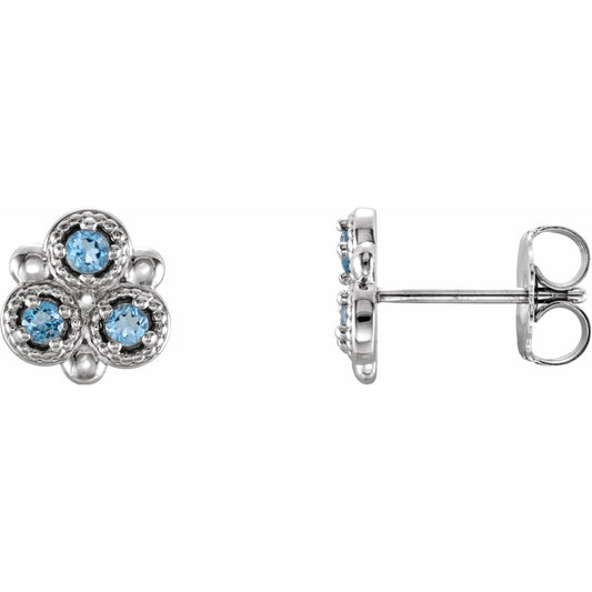 14K White Aquamarine Three-Stone Earrings