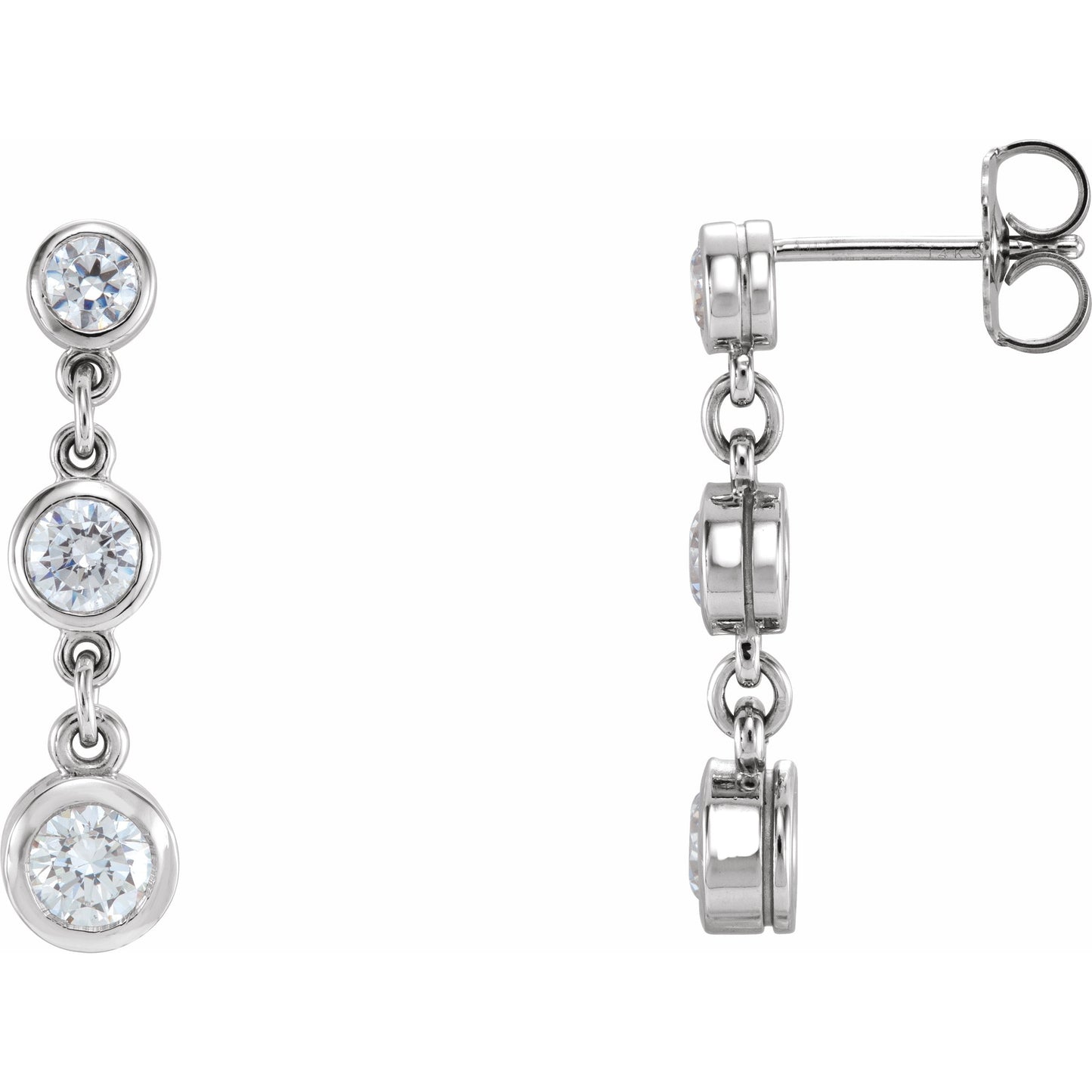 14K White 3 mm,3.5 mm & 4 mm Round Cubic Zirconia Bezel-Set Three-Stone  Earrings
