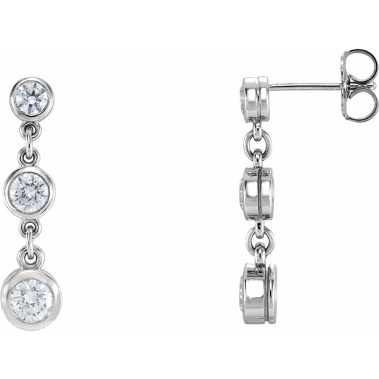 14K White 3 mm,3.5 mm & 4 mm Round Cubic Zirconia Bezel-Set Three-Stone  Earrings