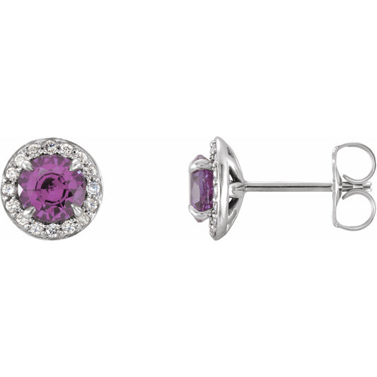 14K White 4 mm Round Amethyst & 1/10 CTW Diamond Earrings