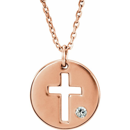 14K Rose .03 CTW Diamond Pierced Cross Disc 16-18 Necklace