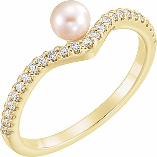 14K Yellow Freshwater Cultured Pearl & 1/5 CTW Diamond V Ring