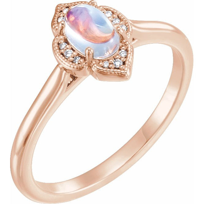 14K Rose Rainbow Moonstone & .03 CTW Diamond Clover Cabochon Ring