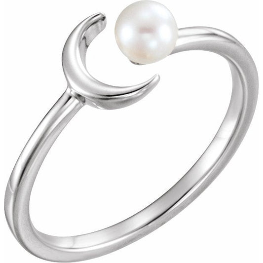 14K White Cultured Freshwater Pearl Crescent Moon Ring