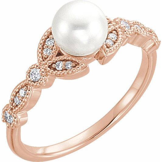 14K Rose Freshwater Pearl & 1/8 CTW Diamond Leaf Ring