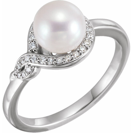 14K White Cultured Freshwater Pearl & 1/10 CTW Diamond Bypass Ring