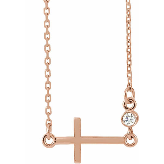 14K Rose .03 CTW Diamond Sideways Cross 16-18 Necklace