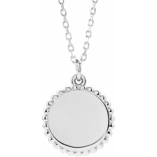 14K White Engravable Beaded Disc 16-18 Necklace