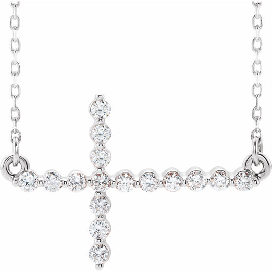 14K White 1/4 CTW Diamond Sideways Cross 16-18 Necklace