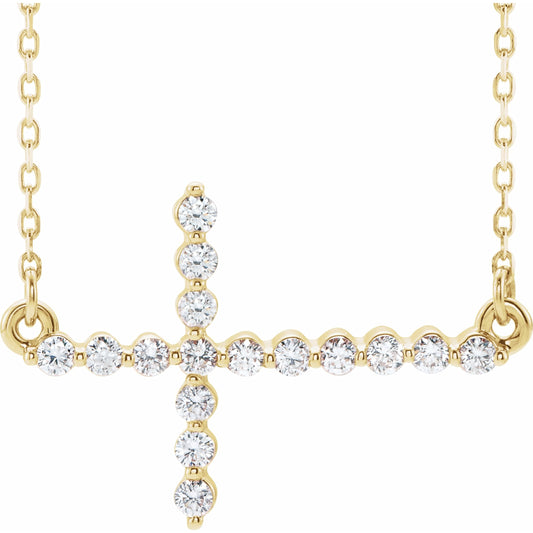 14K Yellow 1/4 CTW Diamond Sideways Cross 16-18 Necklace
