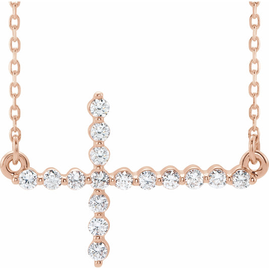 14K Rose 1/4 CTW Diamond Sideways Cross 16-18 Necklace