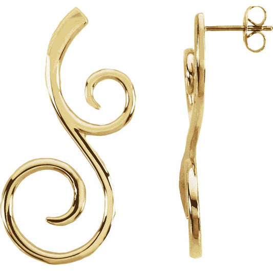 14K Yellow 38x17 mm Scroll Pattern Earrings