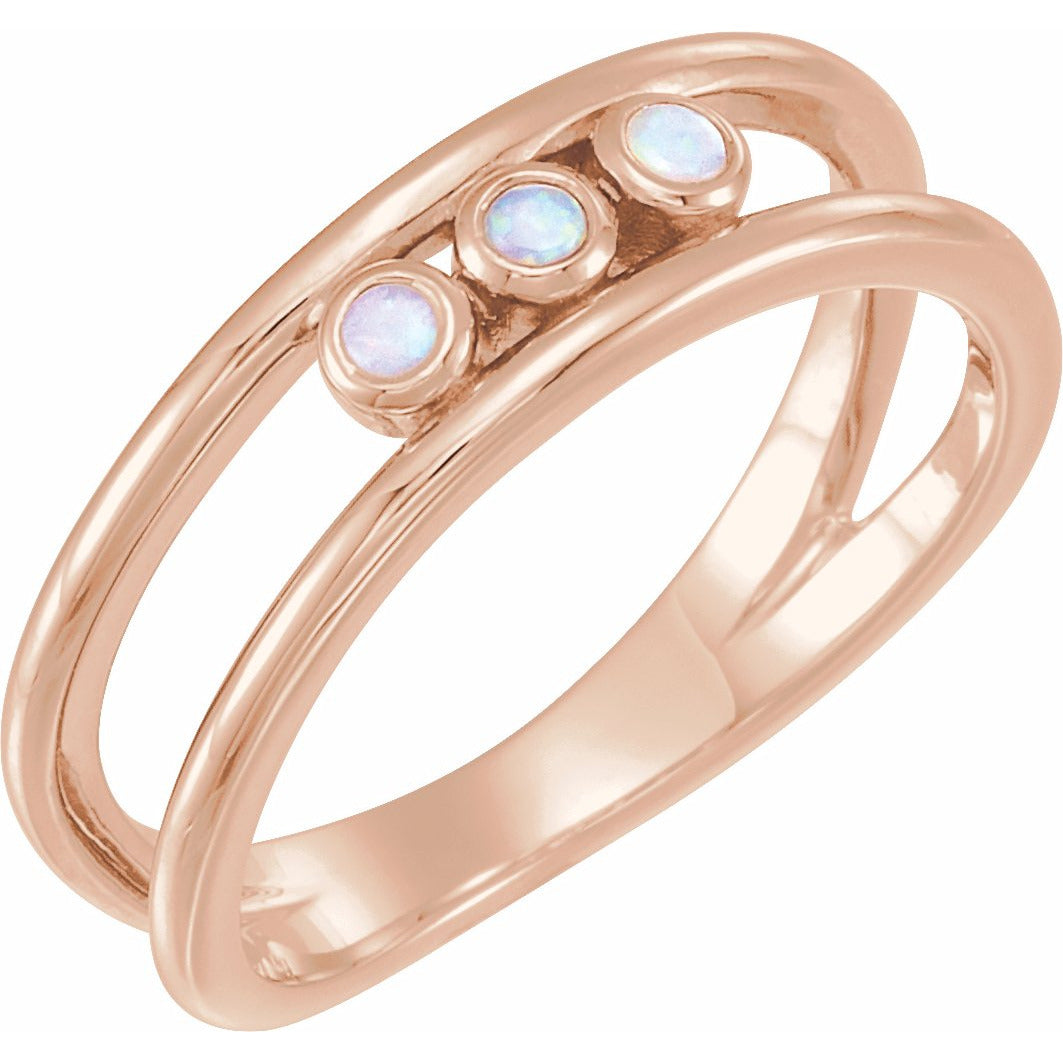14K Rose Opal Three-Stone Bezel-Set Ring