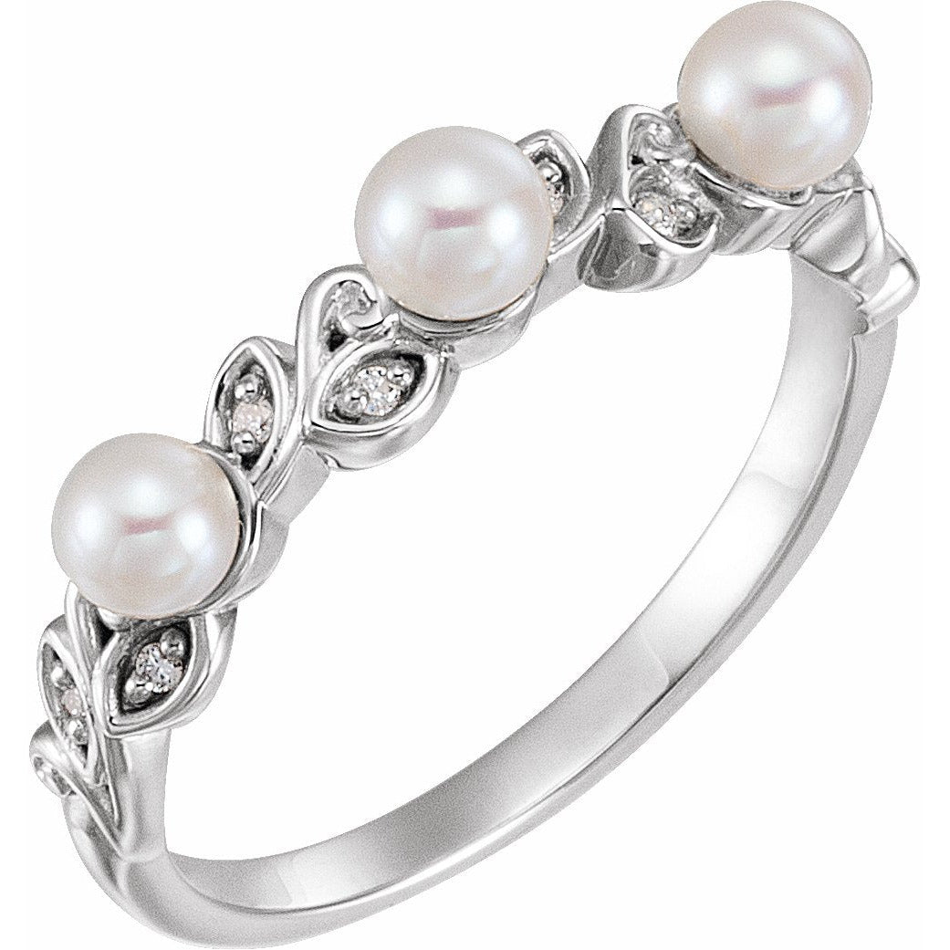 14K White Pearl & .03 CTW Diamond Stackable Leaf Pattern Ring